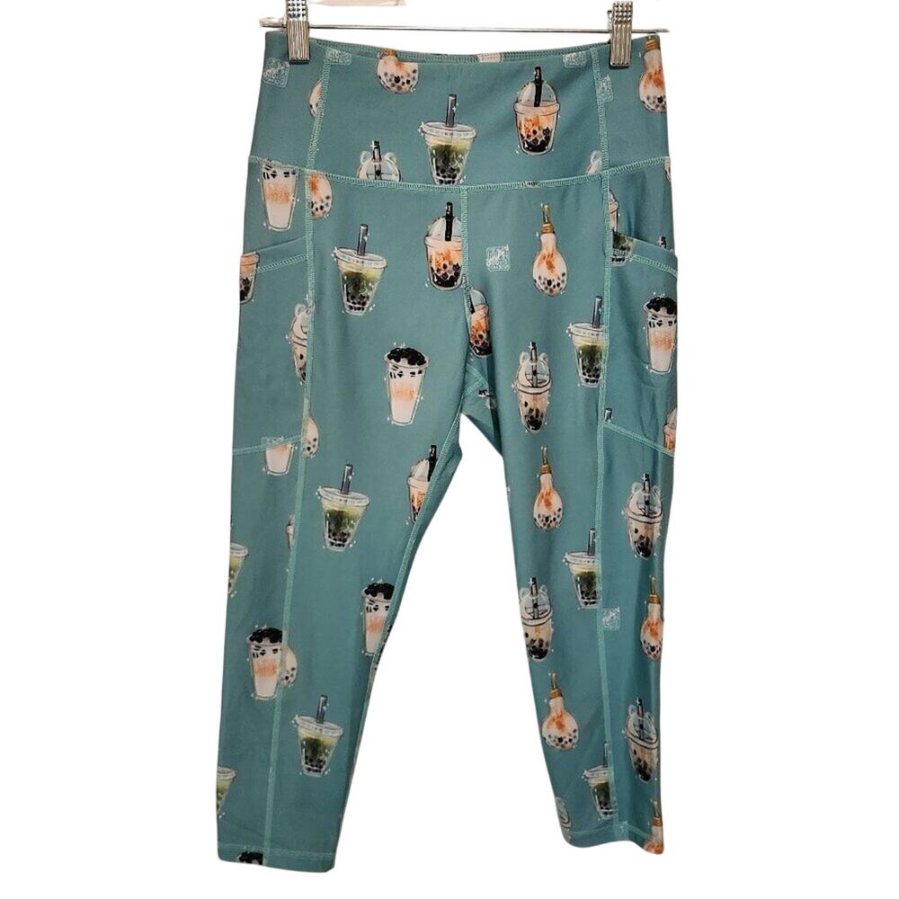 Iron Yokai Bubble Tea Print Leggings Scrunch Capri Activewear Size Medium